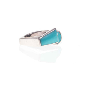 Vintage Modernist Turquoise Inlay Silver Statement Ring at an Angle