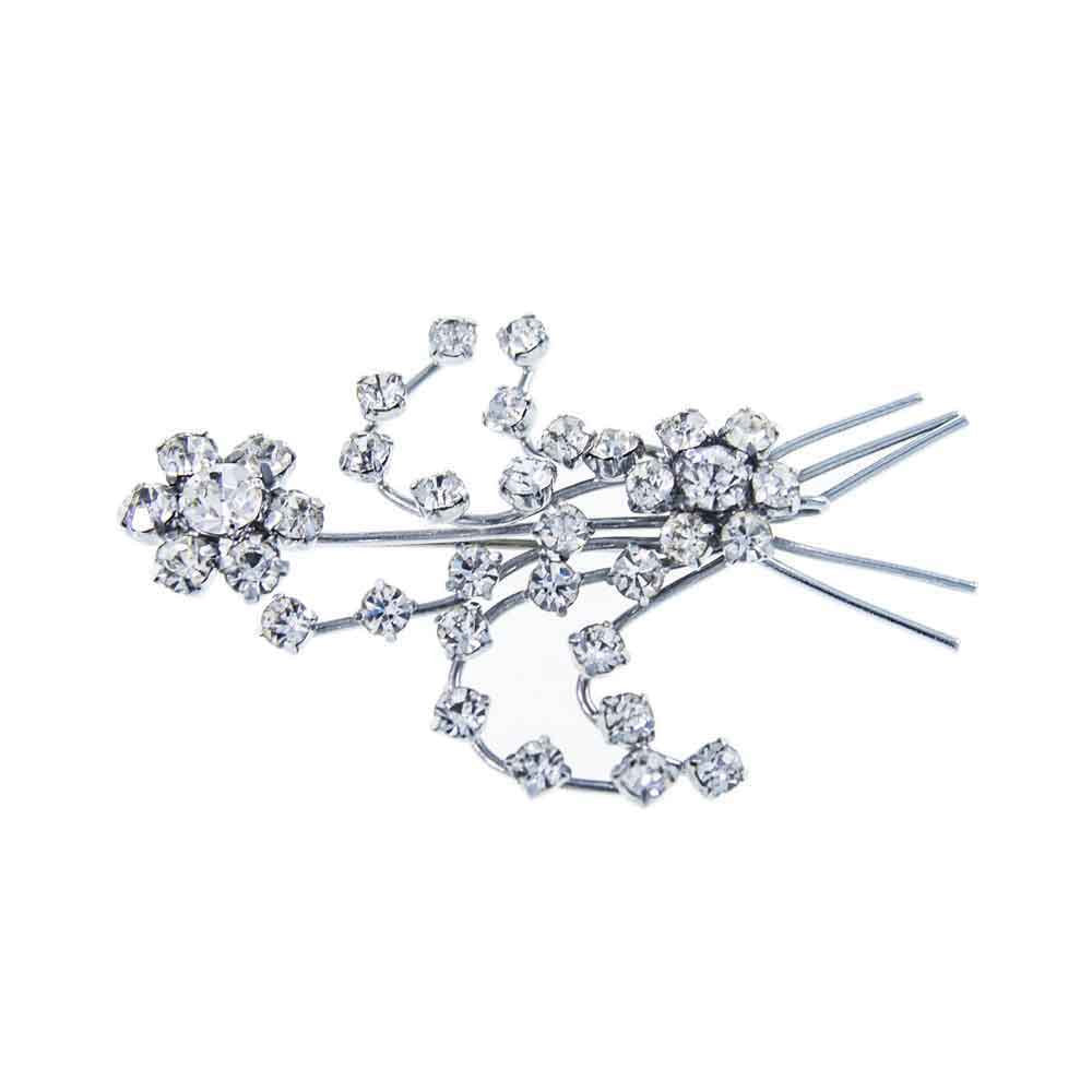 Vintage Silver Tone Costume White Clear Rhinestone Brooch Lying Flat