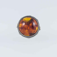 A Large Vintage Silver, Domed Baltic Amber ‘Brutalist’ Style Statement Ring.