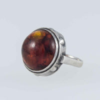 A Large Vintage Silver, Domed Baltic Amber ‘Brutalist’ Style Statement Ring.