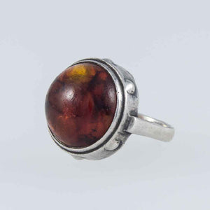A Large Vintage Silver, Domed Baltic Amber ‘Brutalist’ Style Statement Ring.