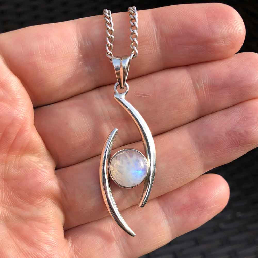 Vintage Silver Rainbow Moonstone Statement Pendant and Chain