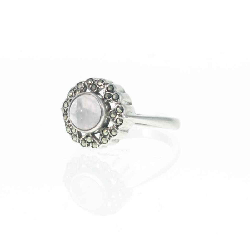 A Pretty Vintage Moonstone and Marcasite Hearts Cluster Ring at an Angle