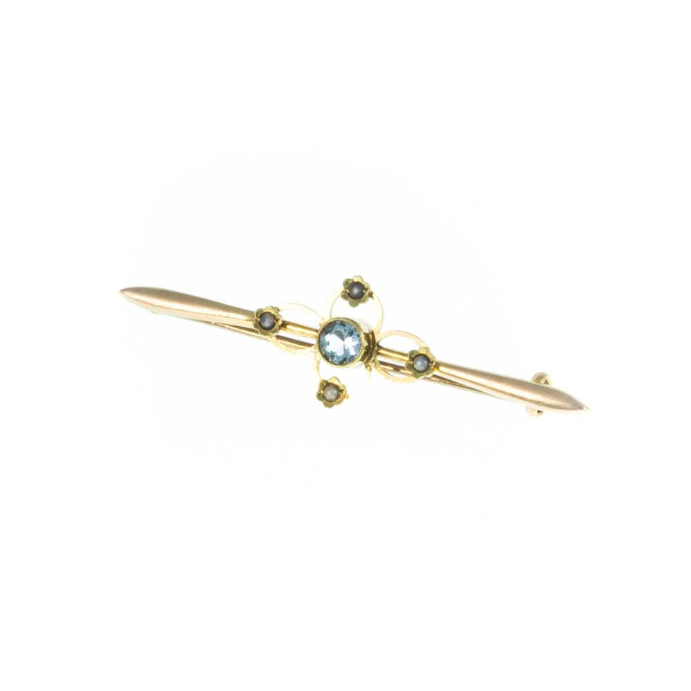 Edwardian 15ct Gold Aquamarine Coloured Zircon and Seed Pearl Bar Brooch