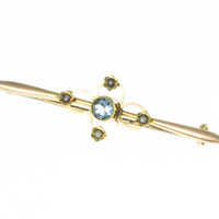 Edwardian 15ct Gold Aquamarine Coloured Zircon and Seed Pearl Bar Brooch