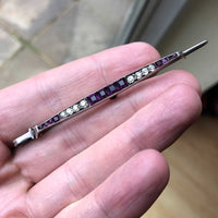 German Made Art Deco Silver Purple & Clear Paste Bar Brooch 02