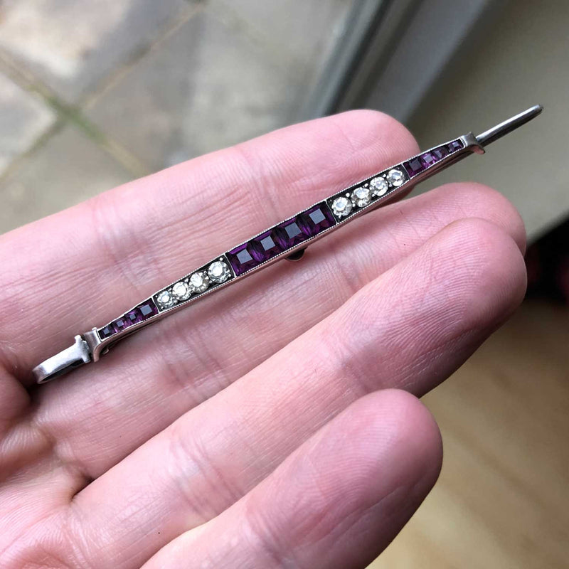 German Made Art Deco Silver Purple & Clear Paste Bar Brooch 02