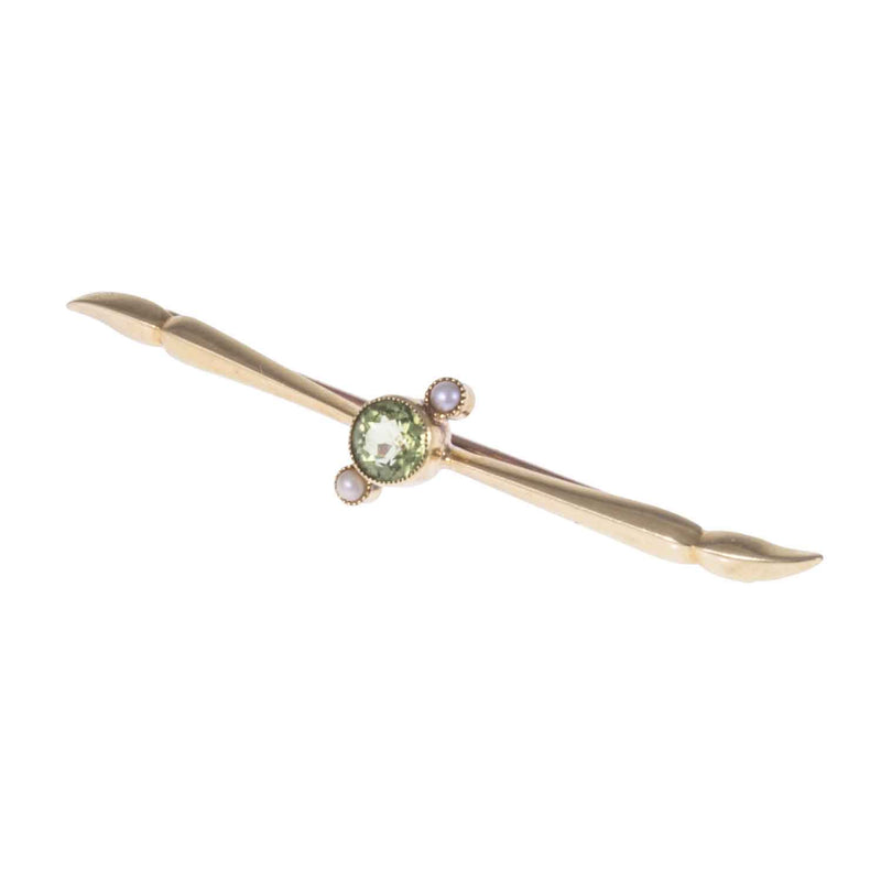 Edwardian 15ct Gold Peridot & Pearl Bar Brooch - Angle