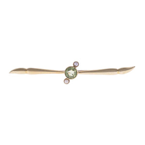 Edwardian 15ct Gold Peridot & Pearl Bar Brooch - Antique Jewellery
