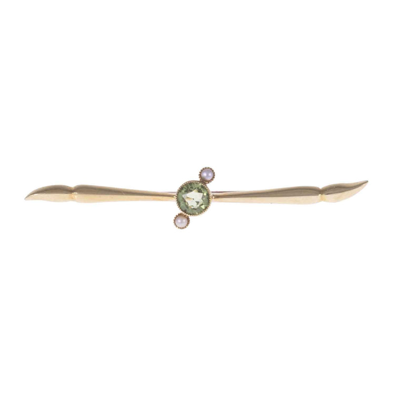 Edwardian 15ct Gold Peridot & Pearl Bar Brooch - Antique Jewellery