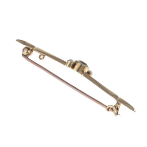 Edwardian 15ct Gold Peridot & Pearl Bar Brooch - facing Away at Angle