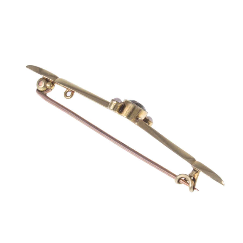 Edwardian 15ct Gold Peridot & Pearl Bar Brooch - facing Away at Angle