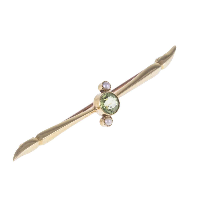 Edwardian 15ct Gold Peridot & Pearl Bar Brooch - Angle 2