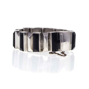 Heavy Vintage Mexican Silver and Onyx Bracelet - Closed Clasp