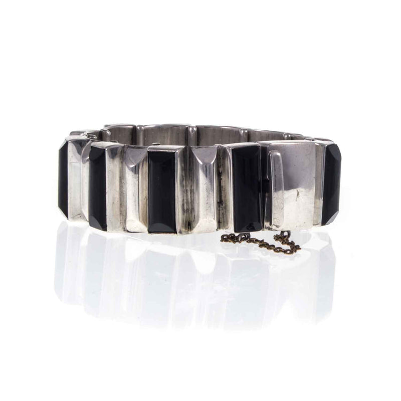 Heavy Vintage Mexican Silver and Onyx Bracelet - Closed Clasp