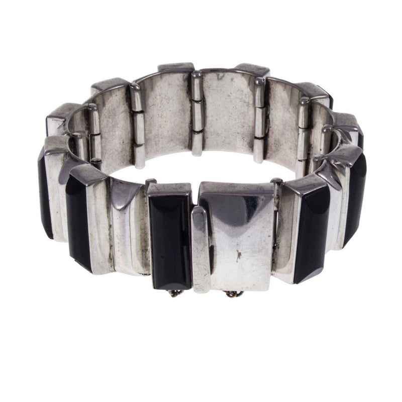 Heavy Vintage Mexican Silver and Onyx Bracelet - Clasp