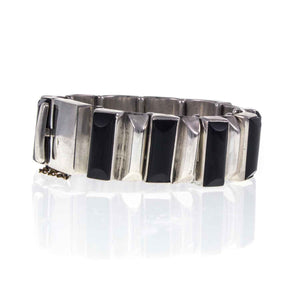 Heavy Vintage Mexican Silver and Onyx Bracelet Flat