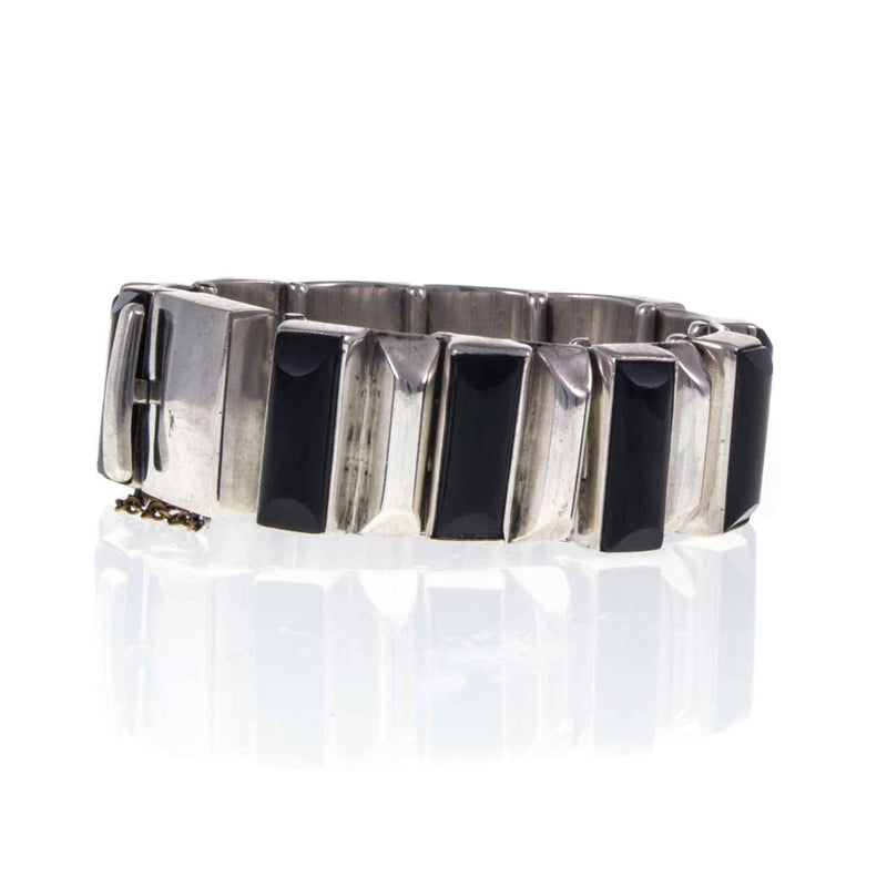 Heavy Vintage Mexican Silver and Onyx Bracelet Flat