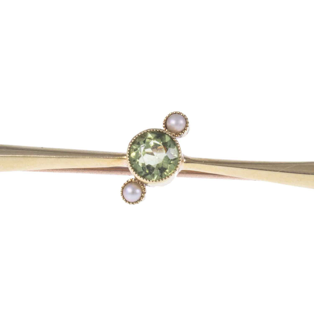 Edwardian 15ct Gold Peridot & Pearl Bar Brooch - Jewellery Hound Antique Jewellery