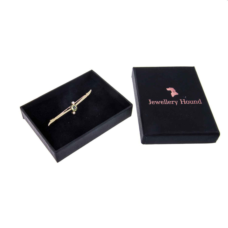 Edwardian 15ct Gold Peridot & Pearl Bar Brooch in Jewellery Hound Box 