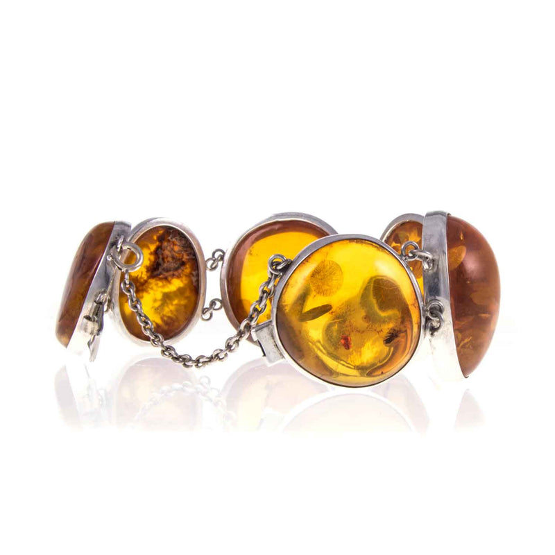 Chunky Vintage Sterling Silver Baltic Amber Bracelet with Safety Chain