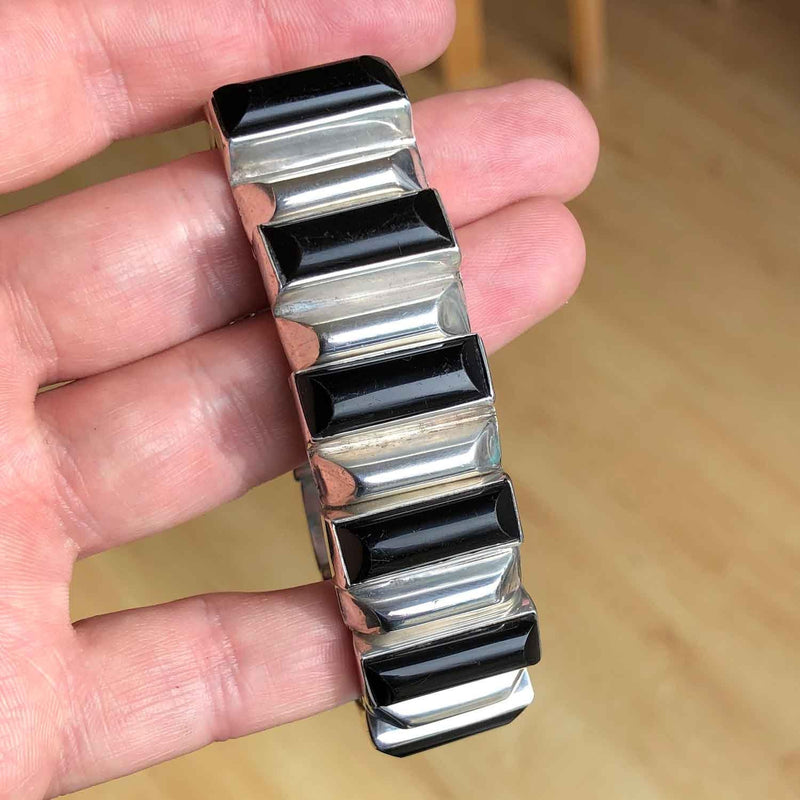 Heavy Vintage Mexican Silver and Onyx Bracelet in Hand