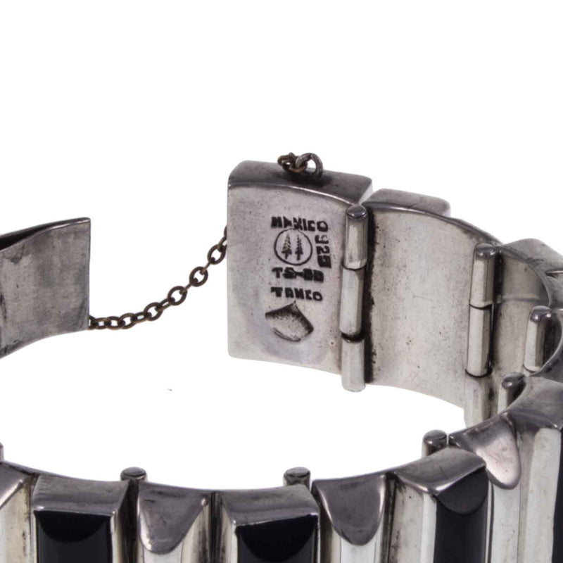 Heavy Vintage Mexican Silver and Onyx Bracelet - Makers Marks