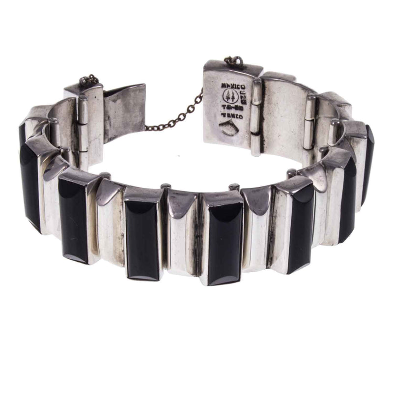 Heavy Vintage Mexican Silver and Onyx Bracelet - Clasp Open