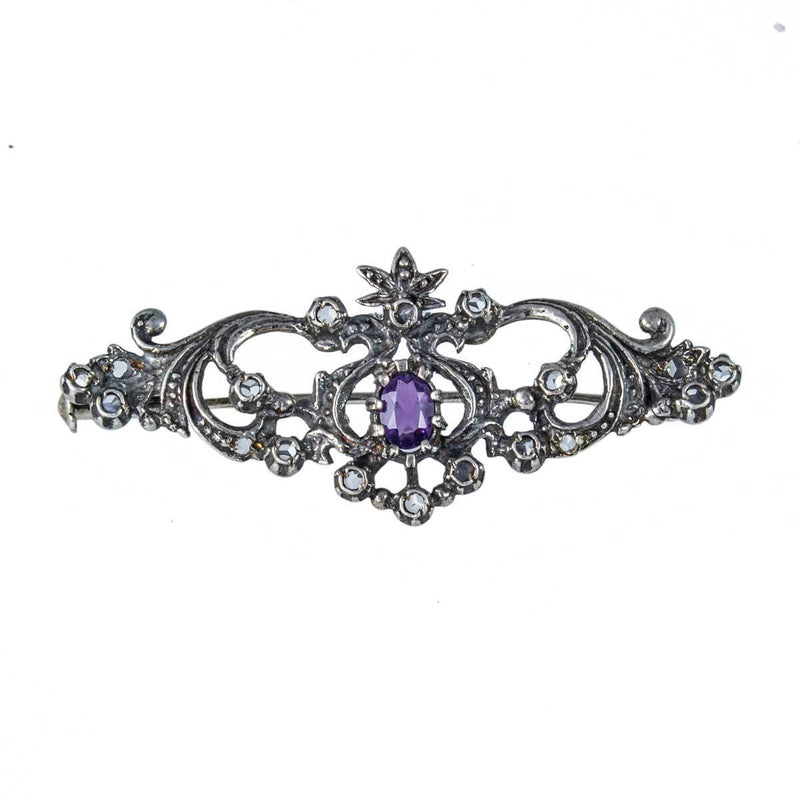Jewellery Hound Brooches Antique Silver Amethyst and Rose Cut Diamond Brooch Circa 1900s