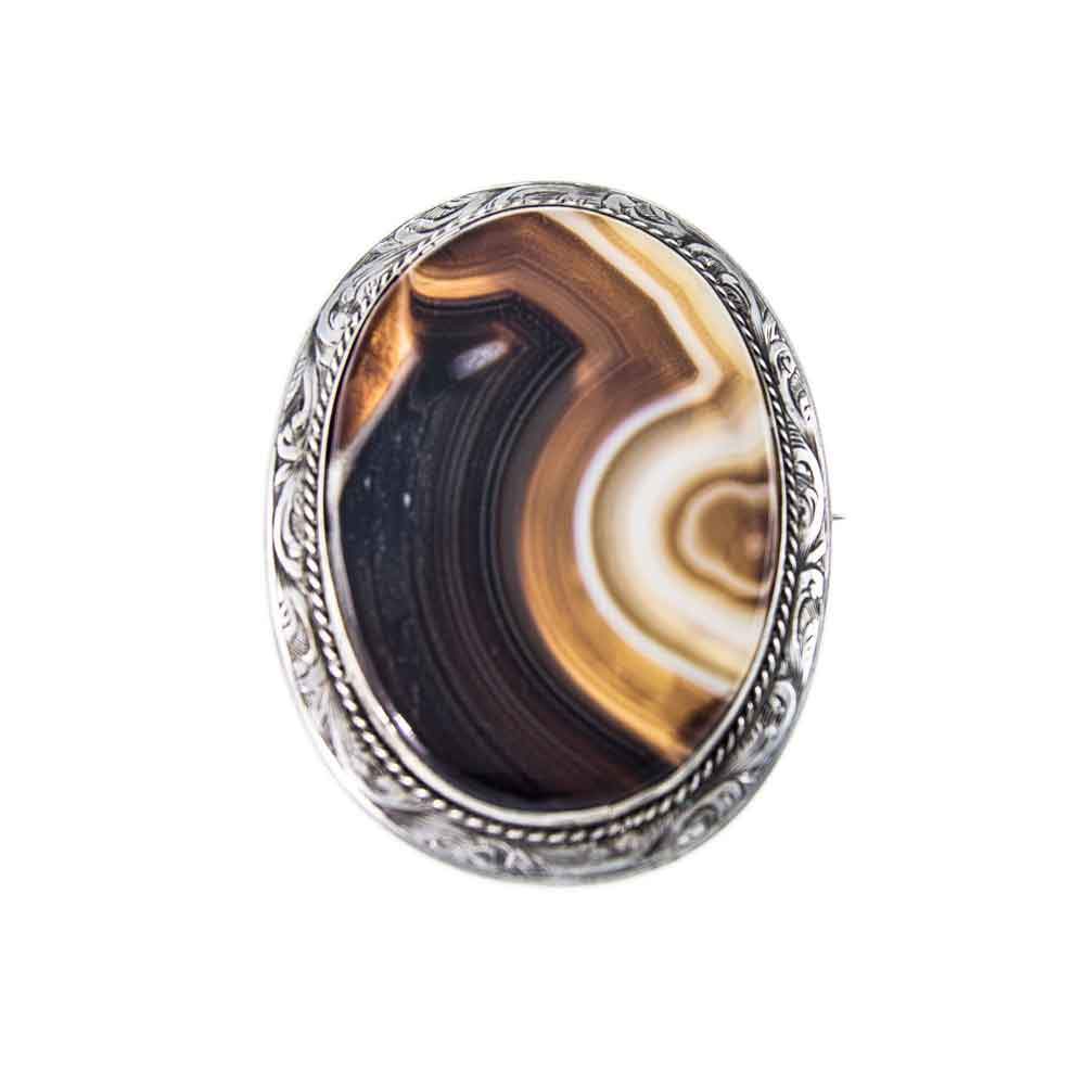 Jewellery Hound Brooches Large Antique Sterling Silver Oval Banded Agate Brooch, Circa 1890’s.