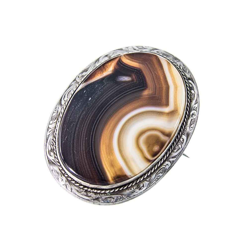 Jewellery Hound Brooches Large Antique Sterling Silver Oval Banded Agate Brooch, Circa 1890’s.