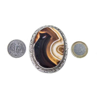 Jewellery Hound Brooches Large Antique Sterling Silver Oval Banded Agate Brooch, Circa 1890’s.