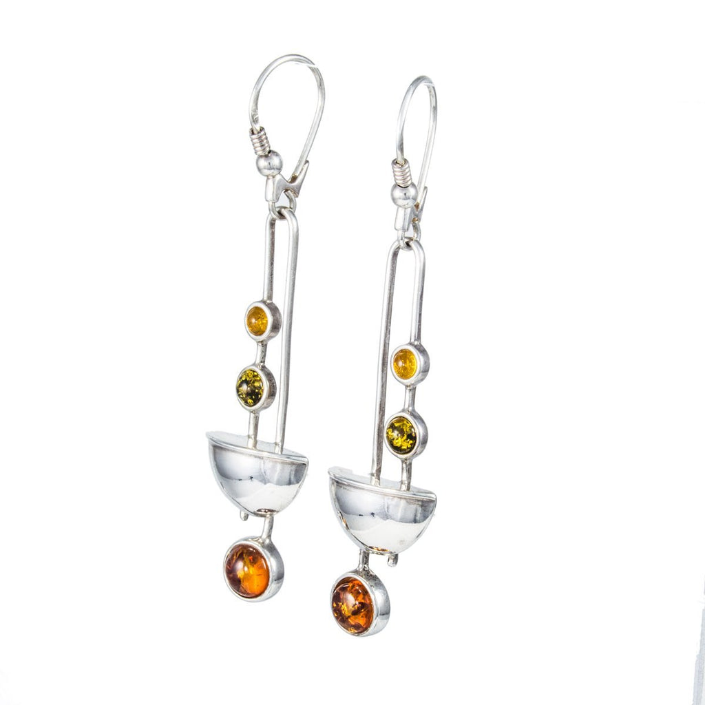 Jewellery Hound Earrings Vintage Art-Deco Inspired Abstract Silver and Amber Drop Earrings