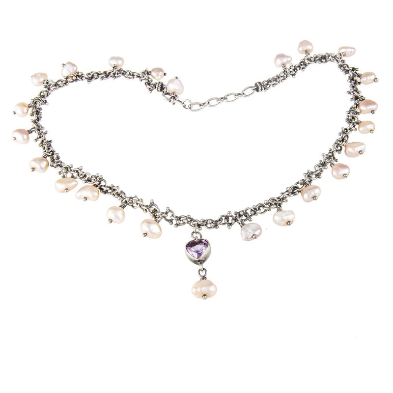 Jewellery Hound Necklaces Danish Silver Fresh Water Pearl Choker Necklace with Hanging Purple Heart