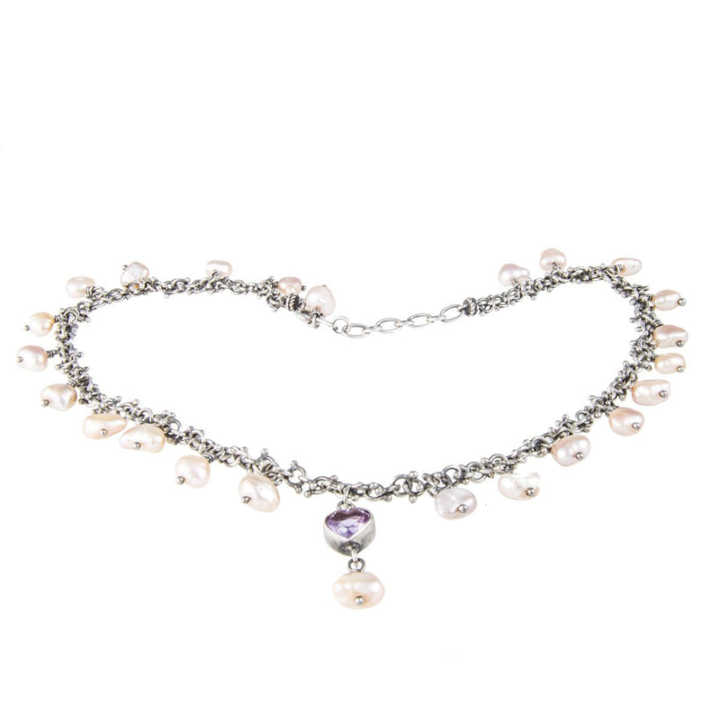 Jewellery Hound Necklaces Danish Silver Fresh Water Pearl Choker Necklace with Hanging Purple Heart
