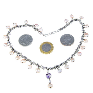 Jewellery Hound Necklaces Danish Silver Fresh Water Pearl Choker Necklace with Hanging Purple Heart