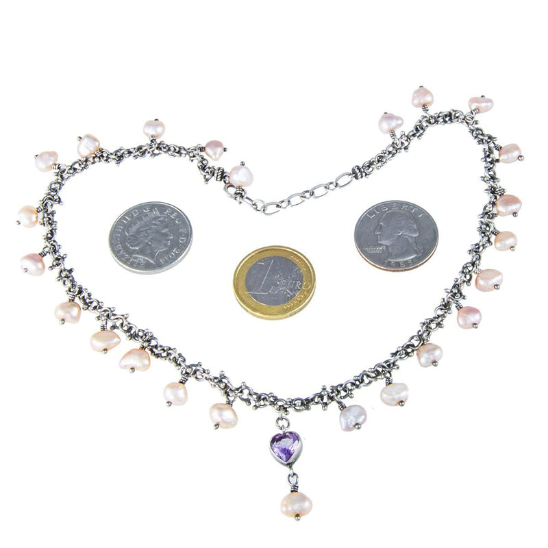 Jewellery Hound Necklaces Danish Silver Fresh Water Pearl Choker Necklace with Hanging Purple Heart