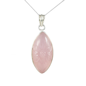 Jewellery Hound Pendants A Vintage Silver Carved Flower in Rose Quartz Pendant and Chain