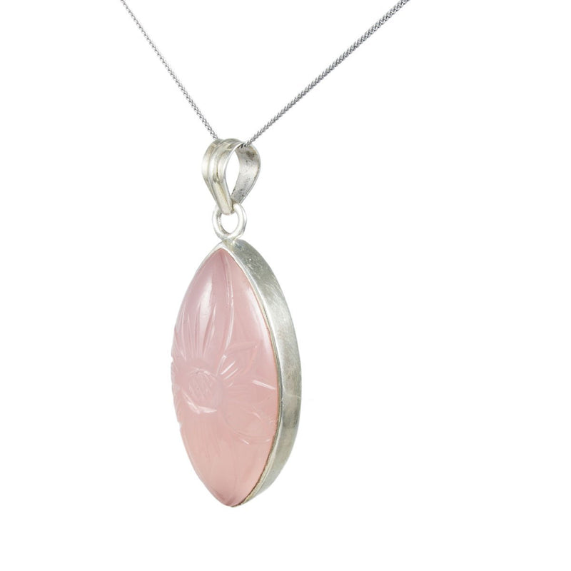 Jewellery Hound Pendants A Vintage Silver Carved Flower in Rose Quartz Pendant and Chain